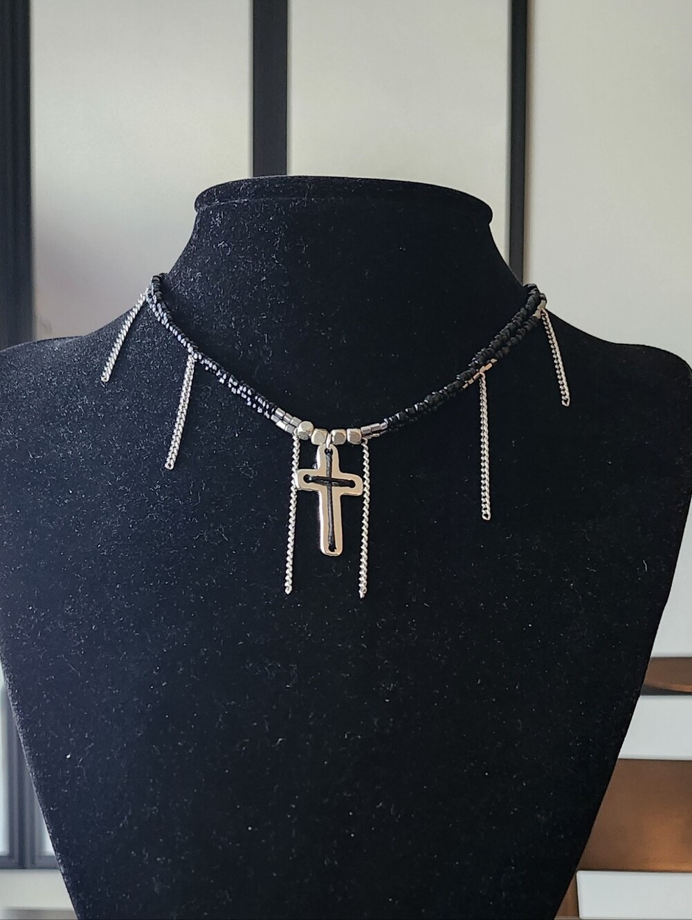 Silver Cross Pendant Beaded Choker Necklace - Black and Silver